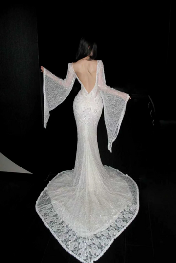 Niulatu V-neck Mermaid Wedding Dresses Lace Beading White Bridal Gowns Long Sleeves Backless Bridal Dresses HZ1026